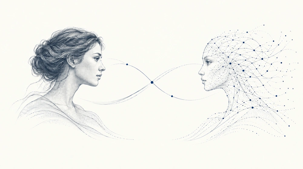 A finely engraved woman facing an intelligent-agent profile emerging from flowing data chains