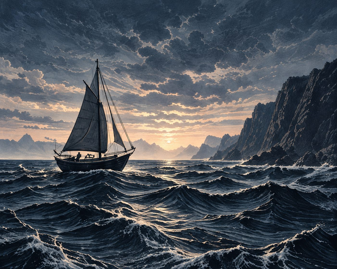 A lone sailboat travelling across a dark sea beneath a luminous sky