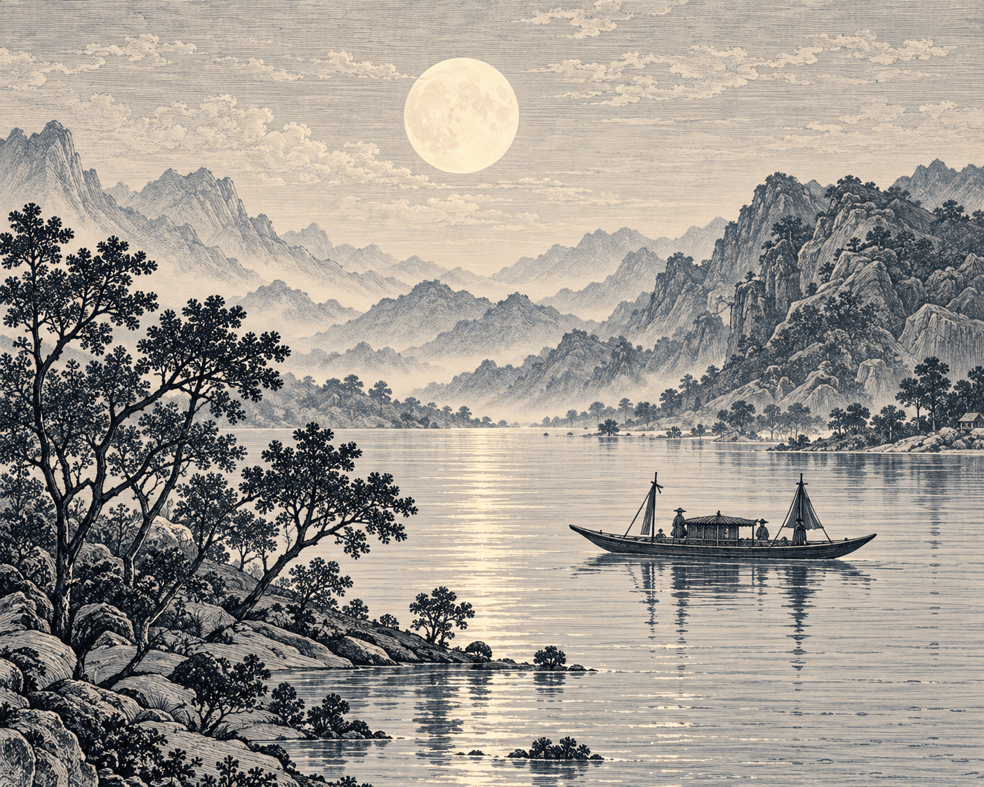 Ink landscape of a moon above a quiet river, with mountains and a small boat